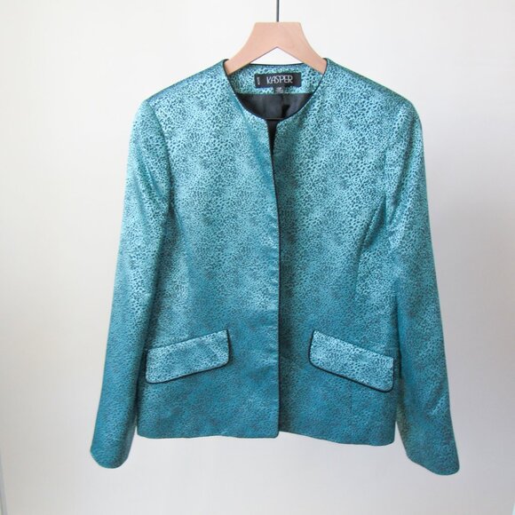 VINTAGE KASPER TEAL LEOPARD ANIMAL PRINT SATIN BLAZER JACKET Size-10 petite - Picture 9 of 9